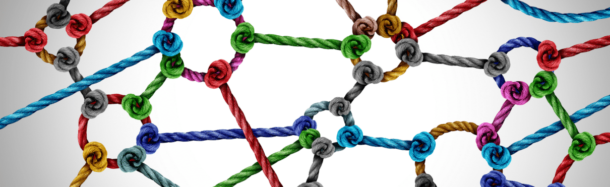 A 3d image of a network of colored ropes.